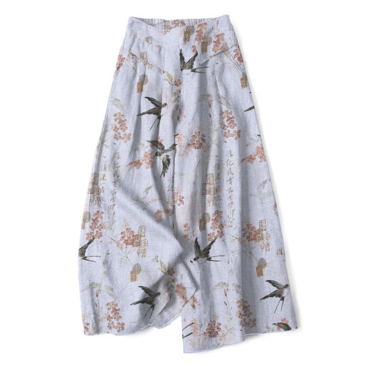 Buddha Stones Cotton Linen Floral Bird Pattern Women's Elastic Waist Wide Leg Pants With Pockets - LightSteelBlue - US16，UK/AU20，EU48 (3XL) - image 7