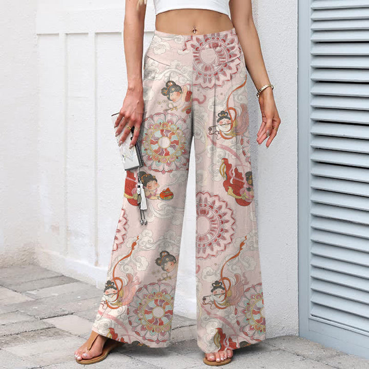 Buddha Stones Cotton Linen Fairy Floral Pattern Women's Elastic Waist Wide Leg Pants With Pockets - image 1