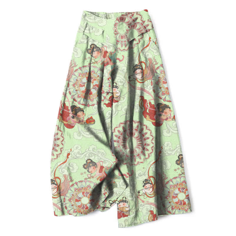 Buddha Stones Cotton Linen Fairy Floral Pattern Women's Elastic Waist Wide Leg Pants With Pockets - Honeydew - US16，UK/AU20，EU48 (3XL) - image 7