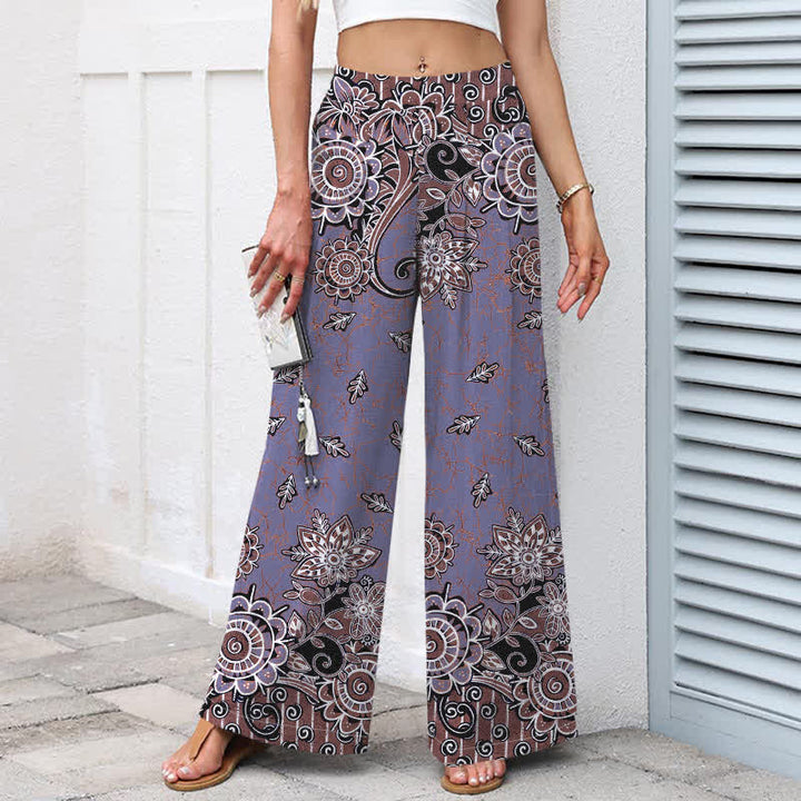 Buddha Stones Cotton Linen Bohemian Mandala Pattern Women's Elastic Waist Wide Leg Pants With Pockets - image 6