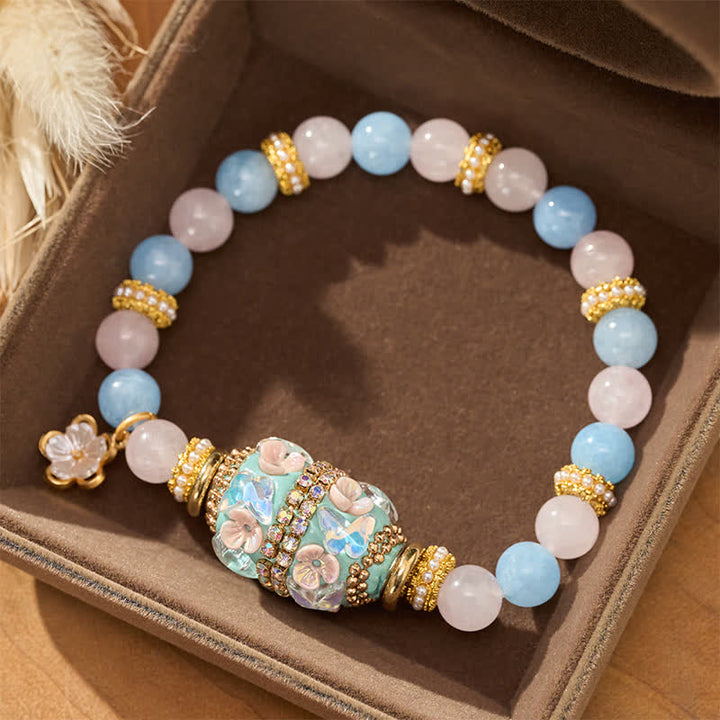 Buddha Stones Rose Quartz Blue Chalcedony Copper Barrel Bead Flower Pendant Love Round Bead Bracelet - image 2