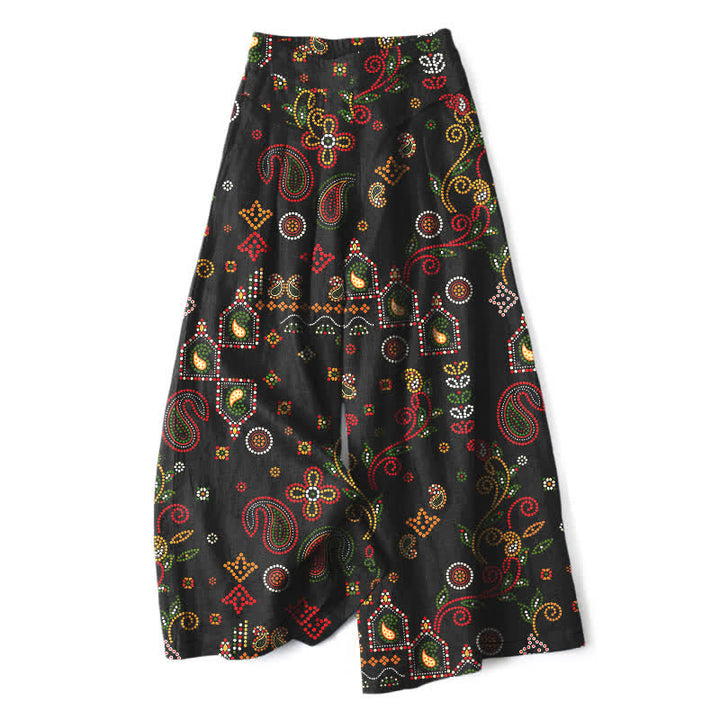 Buddha Stones Cotton Linen Floral Folk-inspired Pattern Women's Elastic Waist Wide Leg Pants With Pockets - Black - US16，UK/AU20，EU48 (3XL) - image 0