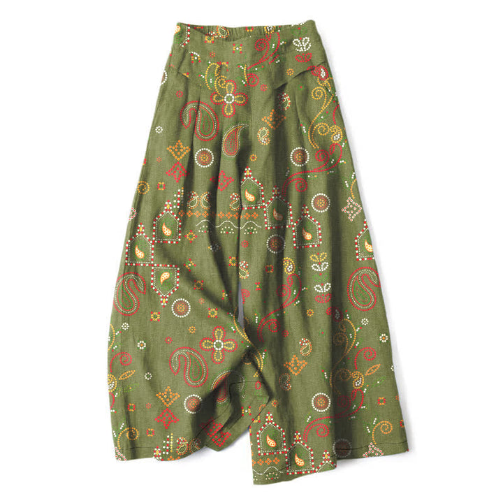 Buddha Stones Cotton Linen Floral Folk-inspired Pattern Women's Elastic Waist Wide Leg Pants With Pockets - OliveDrab - US16，UK/AU20，EU48 (3XL) - image 5