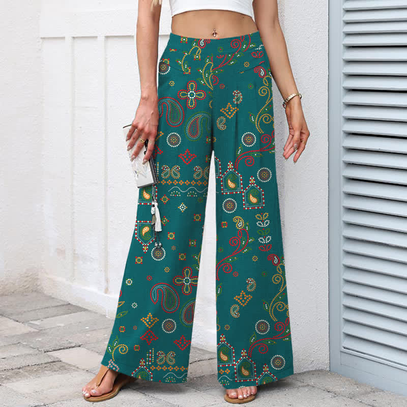Buddha Stones Cotton Linen Floral Folk-inspired Pattern Women's Elastic Waist Wide Leg Pants With Pockets - image 8