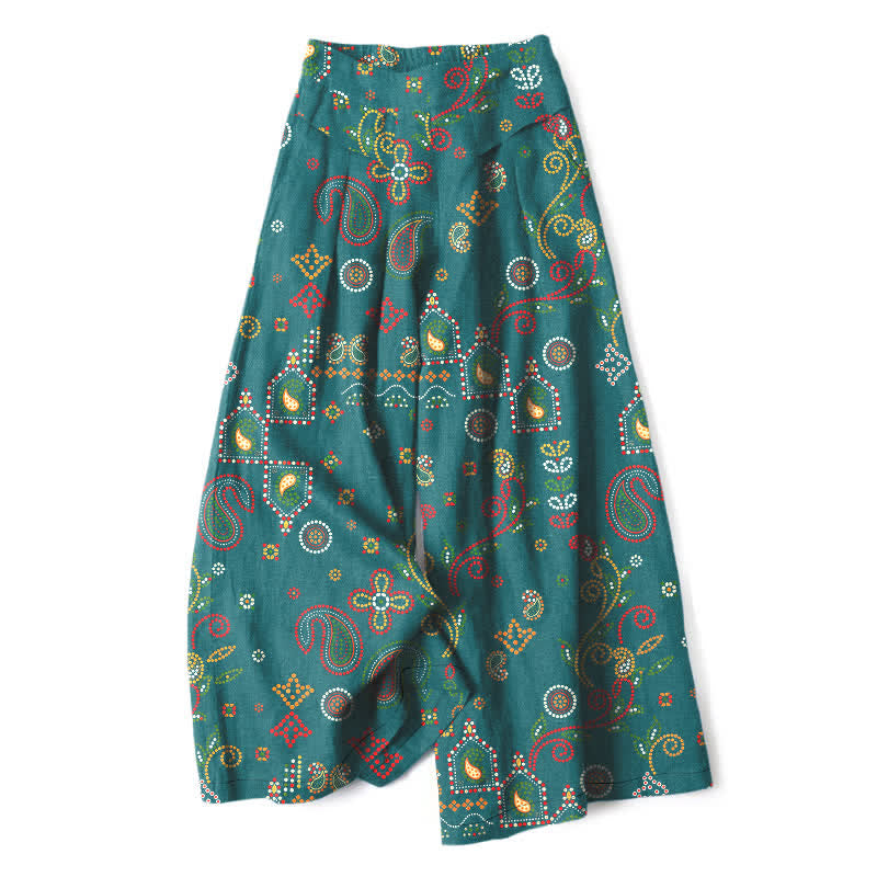 Buddha Stones Cotton Linen Floral Folk-inspired Pattern Women's Elastic Waist Wide Leg Pants With Pockets - Teal - US16，UK/AU20，EU48 (3XL) - image 7