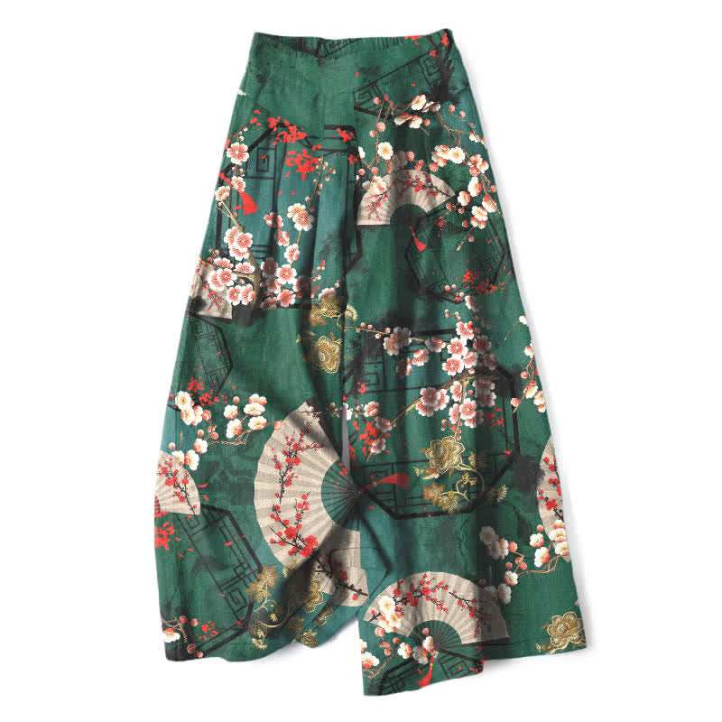 Buddha Stones Cotton Linen Oriental Floral Fan Pattern Women's Elastic Waist Wide Leg Pants With Pockets - DarkGreen - US16，UK/AU20，EU48 (3XL) - image 0