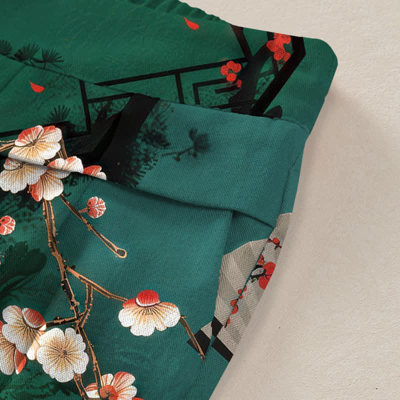 Buddha Stones Cotton Linen Oriental Floral Fan Pattern Women's Elastic Waist Wide Leg Pants With Pockets - image 3