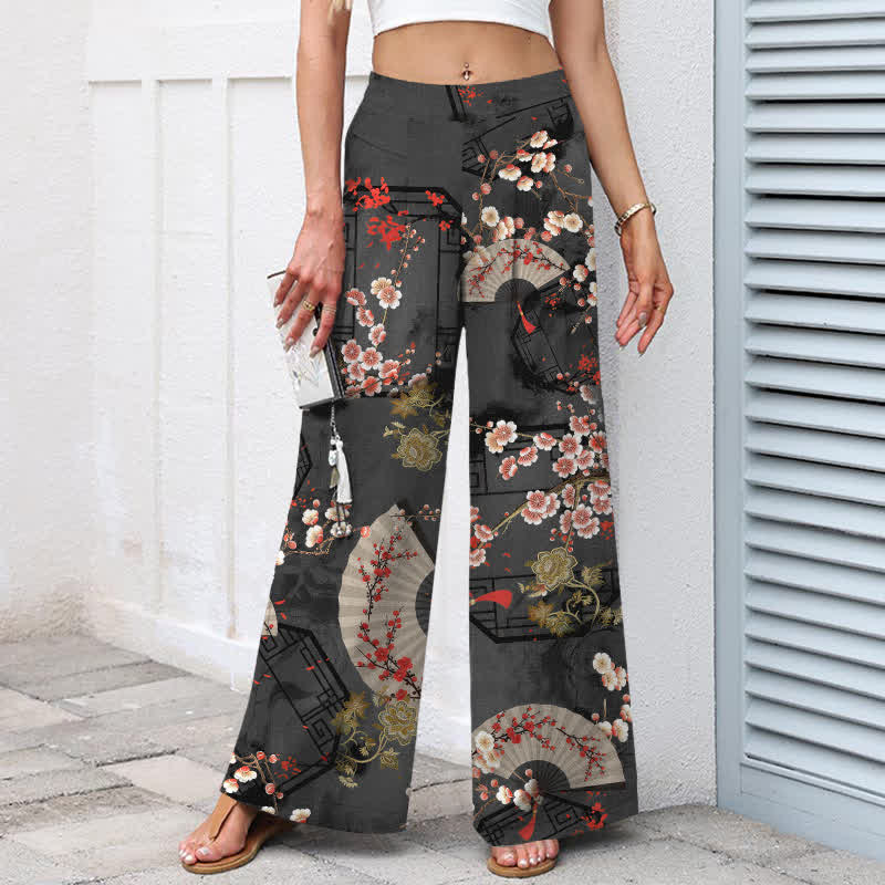 Buddha Stones Cotton Linen Oriental Floral Fan Pattern Women's Elastic Waist Wide Leg Pants With Pockets - image 8