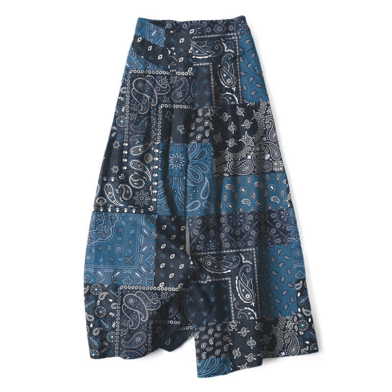 Buddha Stones Cotton Linen Vintage Paisley Patchwork Pattern Women's Elastic Waist Wide Leg Pants With Pockets - Navy - US16，UK/AU20，EU48 (3XL) - image 0