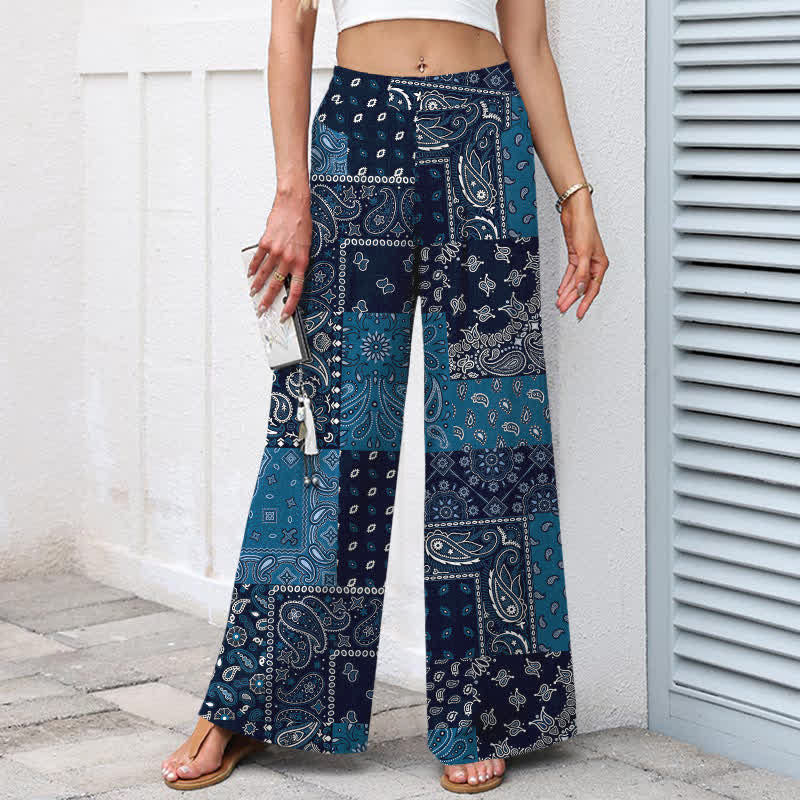Buddha Stones Cotton Linen Vintage Paisley Patchwork Pattern Women's Elastic Waist Wide Leg Pants With Pockets - image 1