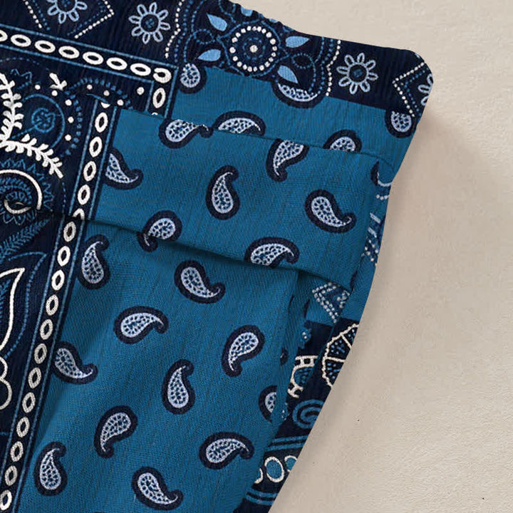 Buddha Stones Cotton Linen Vintage Paisley Patchwork Pattern Women's Elastic Waist Wide Leg Pants With Pockets - image 3