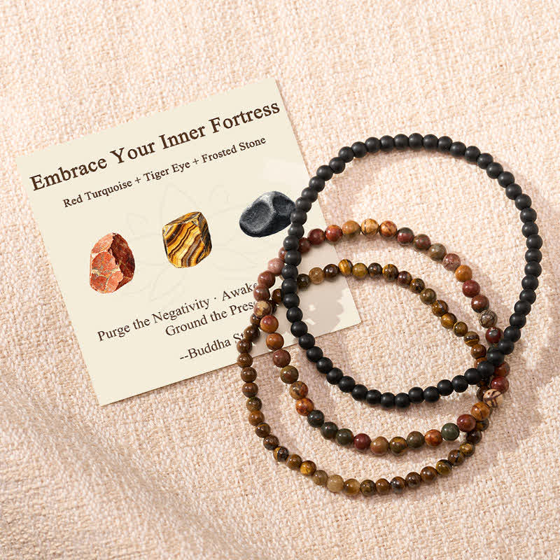 Buddha Stones 3pcs "Embrace Your Inner Fortress" Red Turquoise Minimalist Bracelet Includes Gift Message Card - Red Turquoise Tiger Eye Frosted Stone - 6.3–6.7 in (16–17 cm) - image 0