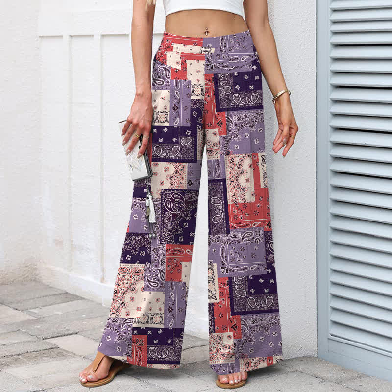 Buddha Stones Cotton Linen Patchwork Paisley Pattern Women's Elastic Waist Wide Leg Pants With Pockets - image 6