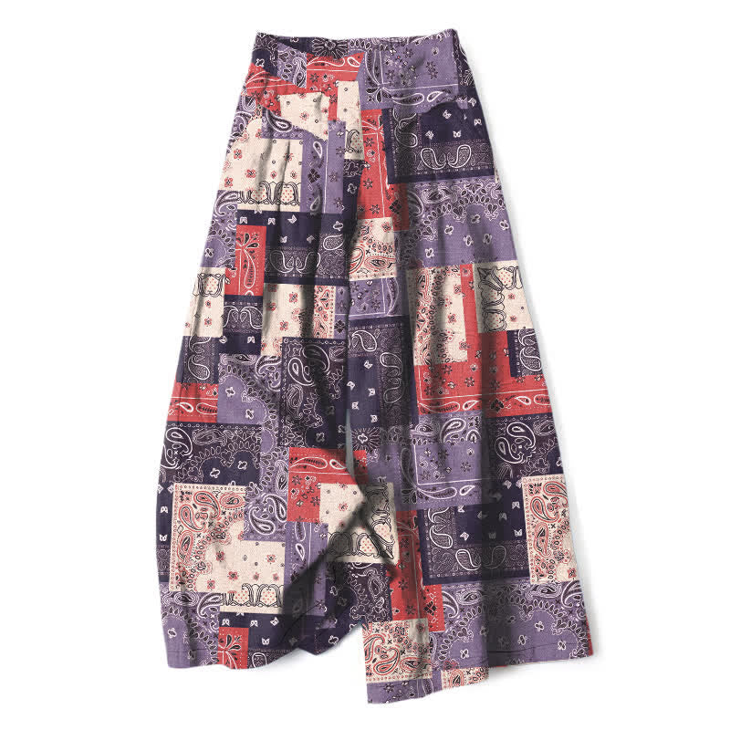 Buddha Stones Cotton Linen Patchwork Paisley Pattern Women's Elastic Waist Wide Leg Pants With Pockets - MediumPurple - US16，UK/AU20，EU48 (3XL) - image 5