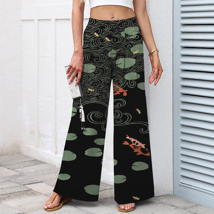 Buddha Stones Cotton Linen Lotus Leaf Koi Fish Ripple Pattern Women's Elastic Waist Wide Leg Pants With Pockets - image 1