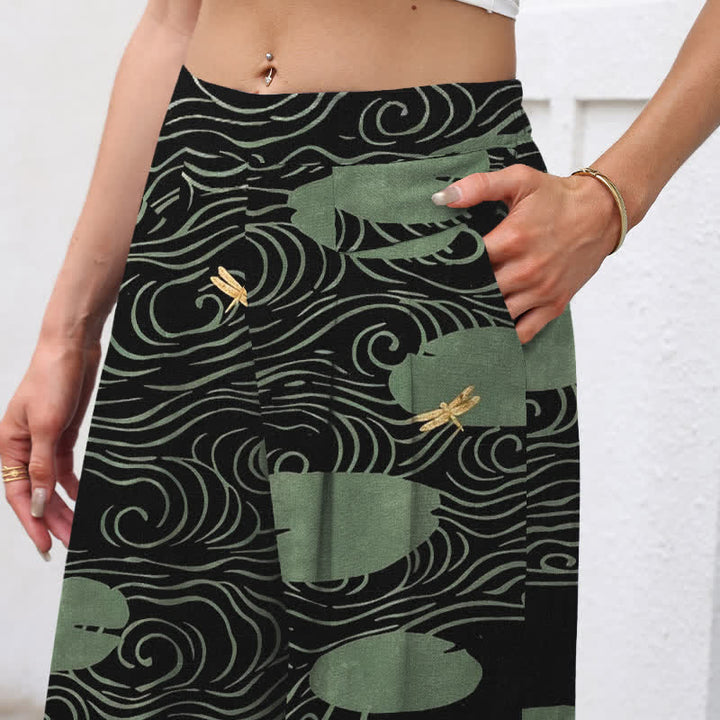 Buddha Stones Cotton Linen Lotus Leaf Koi Fish Ripple Pattern Women's Elastic Waist Wide Leg Pants With Pockets - image 2
