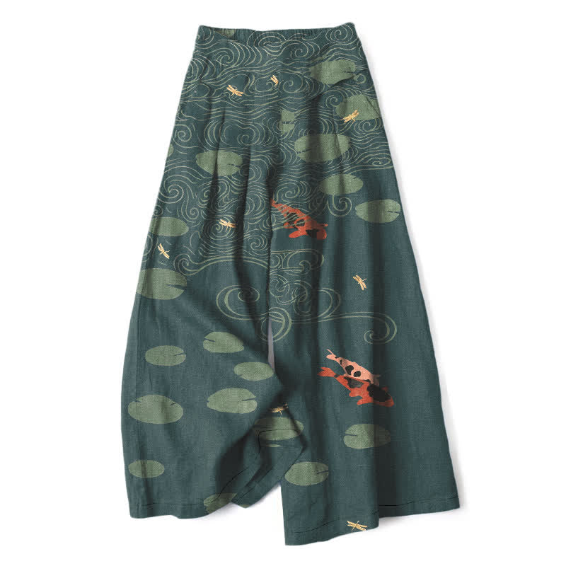 Buddha Stones Cotton Linen Lotus Leaf Koi Fish Ripple Pattern Women's Elastic Waist Wide Leg Pants With Pockets - Teal - US16，UK/AU20，EU48 (3XL) - image 7