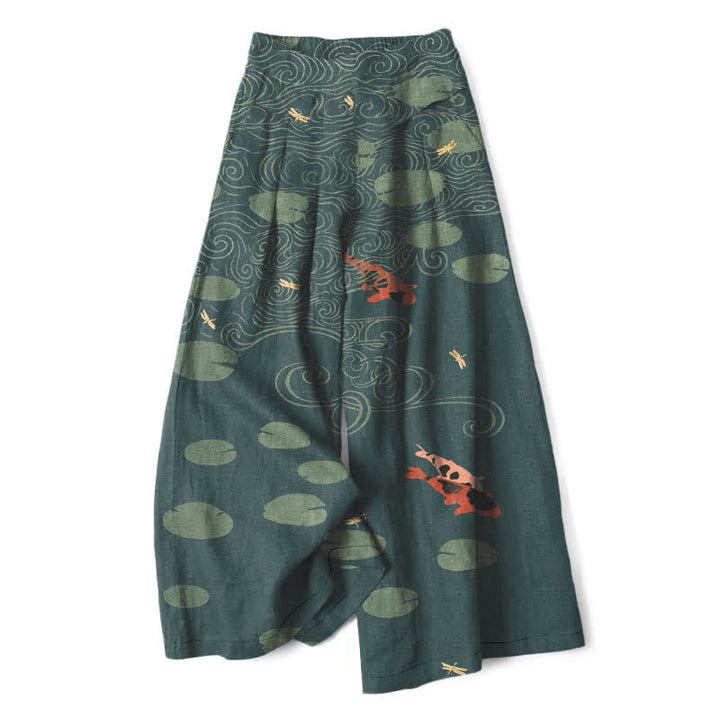 Buddha Stones Cotton Linen Lotus Leaf Koi Fish Ripple Pattern Women's Elastic Waist Wide Leg Pants With Pockets - Teal - US16，UK/AU20，EU48 (3XL) - image 7