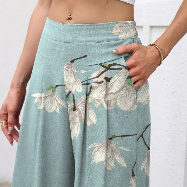 Buddha Stones Cotton Linen Vintage Floral Pattern Women's Elastic Waist Wide Leg Pants With Pockets - image 2