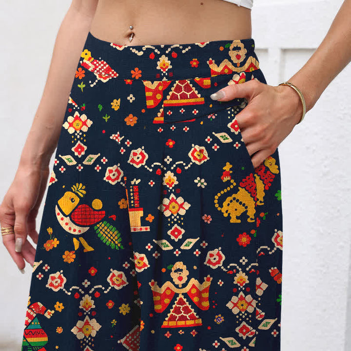 Buddha Stones Cotton Linen Bohemian Geometric Pattern Women's Elastic Waist Wide Leg Pants With Pockets - image 2