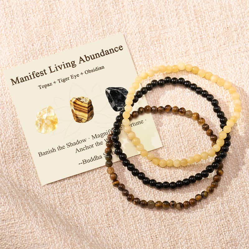 Buddha Stones 3pcs "Manifest Living Abundance" Topaz Clarity Bracelet Includes Gift Message Card - Topaz Tiger Eye Obsidian - 6.3–6.7 in (16–17 cm) - image 0