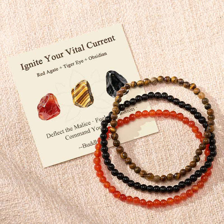 Buddha Stones 3pcs "Ignite Your Vital Current" Red Agate Purification Bracelet Includes Gift Message Card - Red Agate Tiger Eye Obsidian - 6.3–6.7 in (16–17 cm) - image 0