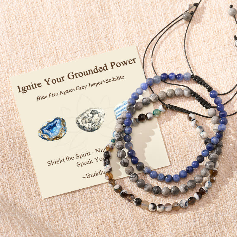 Buddha Stones 3pcs "Ignite Your Grounded Power" Fire Agate Truth Bracelet Includes Gift Message Card - Fire Agate Grey Jasper Sodalite - 6.3–6.7 in (16–17 cm) - image 0