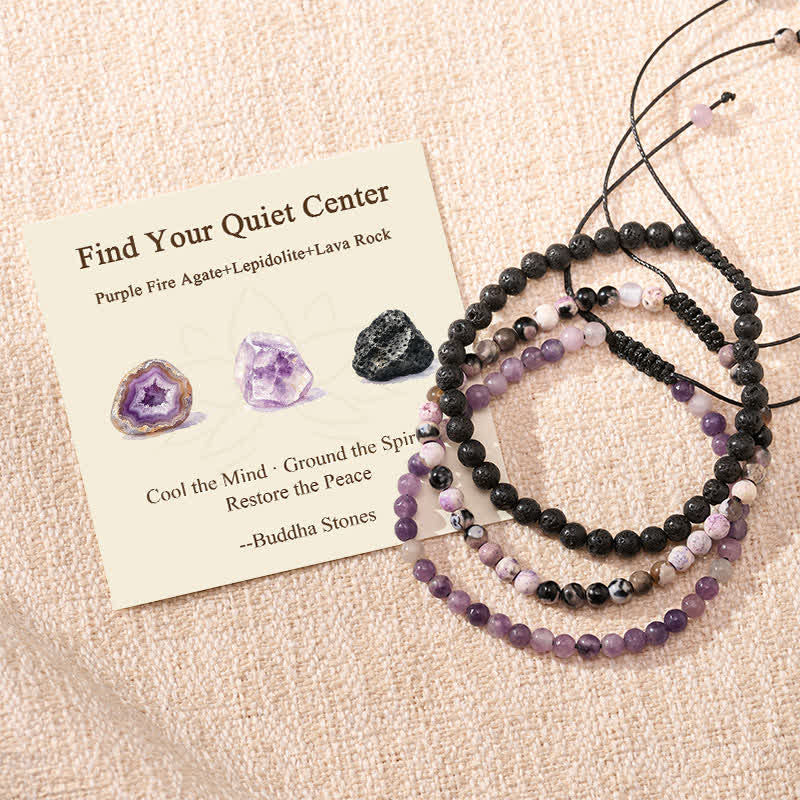 Buddha Stones 3pcs "Find Your Quiet Center" Fire Agate Clarity Bracelet Includes Gift Message Card - Fire Agate Lepidolite Lava Rock - 6.3–6.7 in (16–17 cm) - image 0