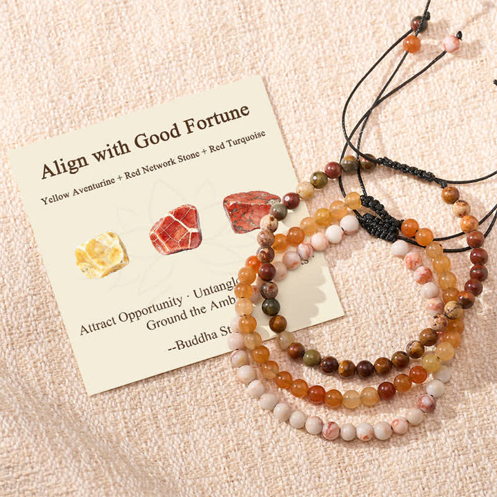Buddha Stones 3pcs "Align with Good Fortune" Yellow Aventurine Lucky Bracelet Includes Gift Message Card - Yellow Aventurine Red Network Red Turquoise - 6.3–6.7 in (16–17 cm) - image 0
