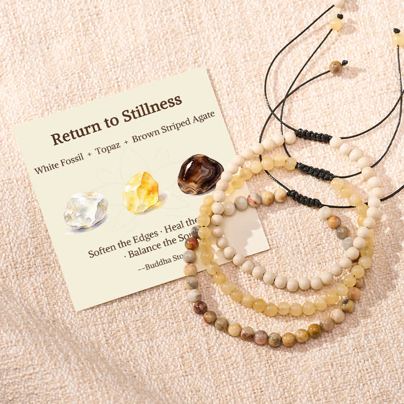 Buddha Stones 3pcs "Return to Stillness" White Fossil Grounding Bracelet Includes Gift Message Card - White Fossil Topaz Brown Striped Agate - 6.3–6.7 in (16–17 cm) - image 0