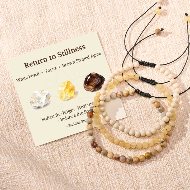 Buddha Stones 3pcs "Return to Stillness" White Fossil Grounding Bracelet Includes Gift Message Card - White Fossil Topaz Brown Striped Agate - 6.3–6.7 in (16–17 cm) - image 0