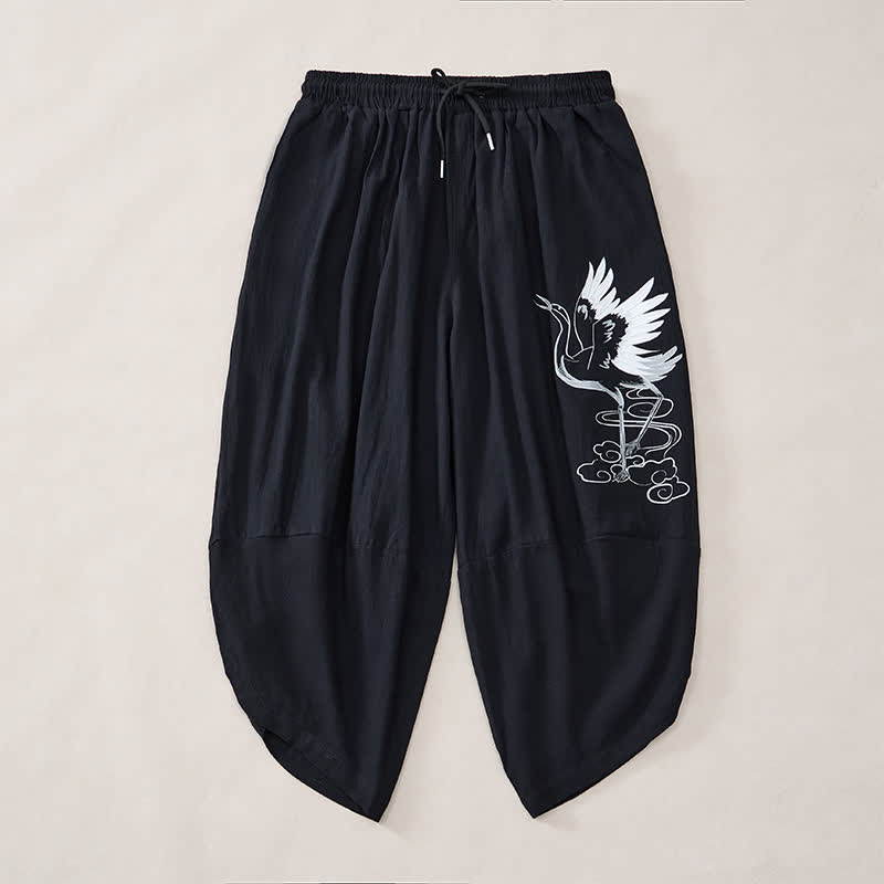 Buddha Stones Summer Casual Vintage Drawstring Crane Print Capri Pants Men's Harem Pants With Pocket - image 11