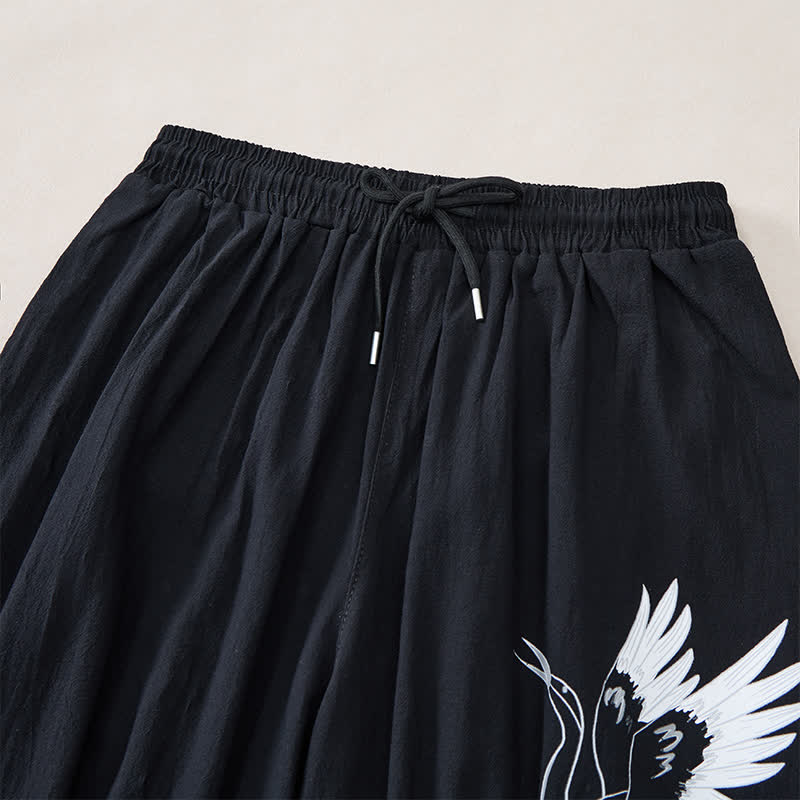 Buddha Stones Summer Casual Vintage Drawstring Crane Print Capri Pants Men's Harem Pants With Pocket - image 13