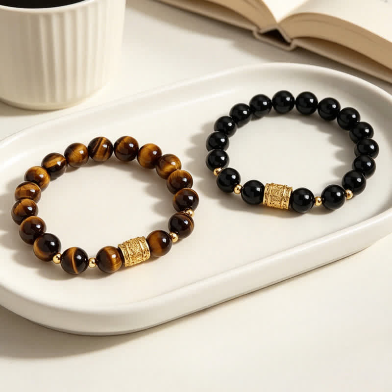 Buddha Stones Tiger Eye Black Obsidian Courage Beads Bracelet - image 19