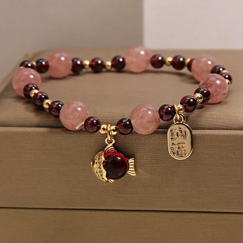 Buddha Stones Strawberry Quartz Garnet Koi Fish Fu Character Healing Bracelet - image 1