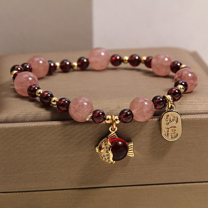 Buddha Stones Strawberry Quartz Garnet Koi Fish Fu Character Healing Bracelet - image 2