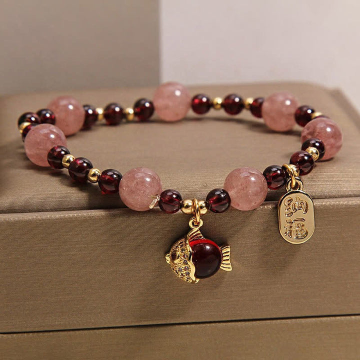 Buddha Stones Strawberry Quartz Garnet Koi Fish Fu Character Healing Bracelet - image 2