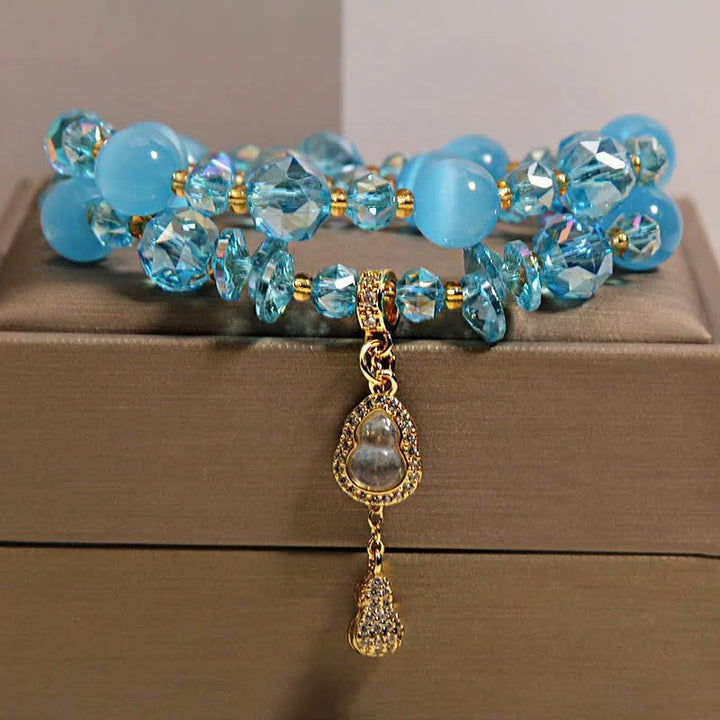 Buddha Stones Cat's Eye Gourd Pendant Double Layer Beaded Bracelet - Blue Cat's Eye - image 12