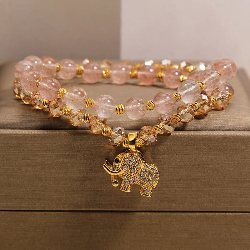 Buddha Stones Double Wrap Strawberry Quartz Elephant Healing Bracelet - Elephant(Strength ♥ Wisdom) - image 0