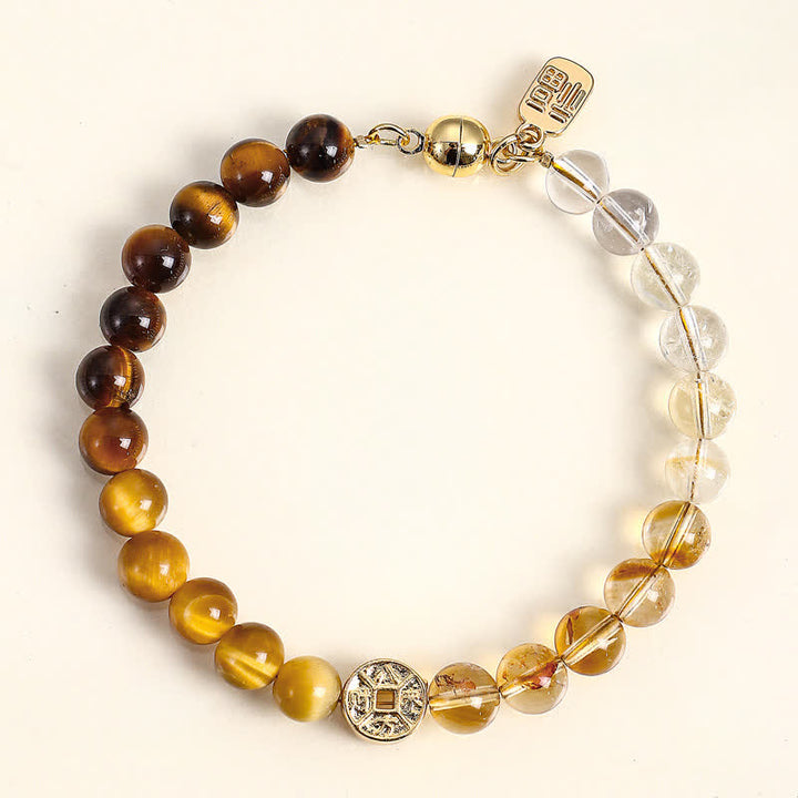 Buddha Stones Tiger Eye Natural Stone Fu Character Copper Coins Happiness Bracelet - Tiger Eye(Confidence ♥ Focus) - image 0