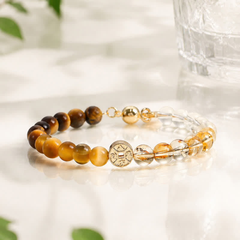 Buddha Stones Tiger Eye Natural Stone Fu Character Copper Coins Happiness Bracelet - image 1