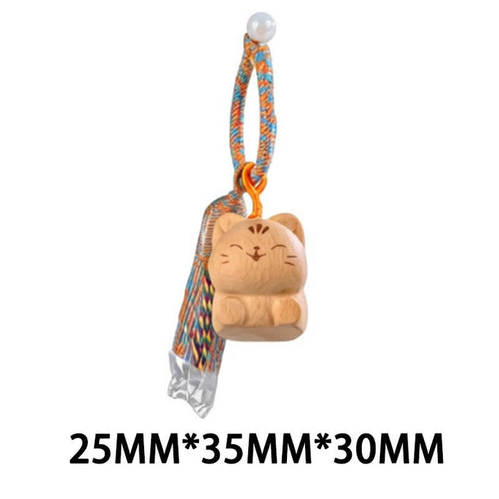 Buddha Stones Hand-Carved Light Wood Lucky Cat Tassel Grounding Keychains - Blue Cat - image 37