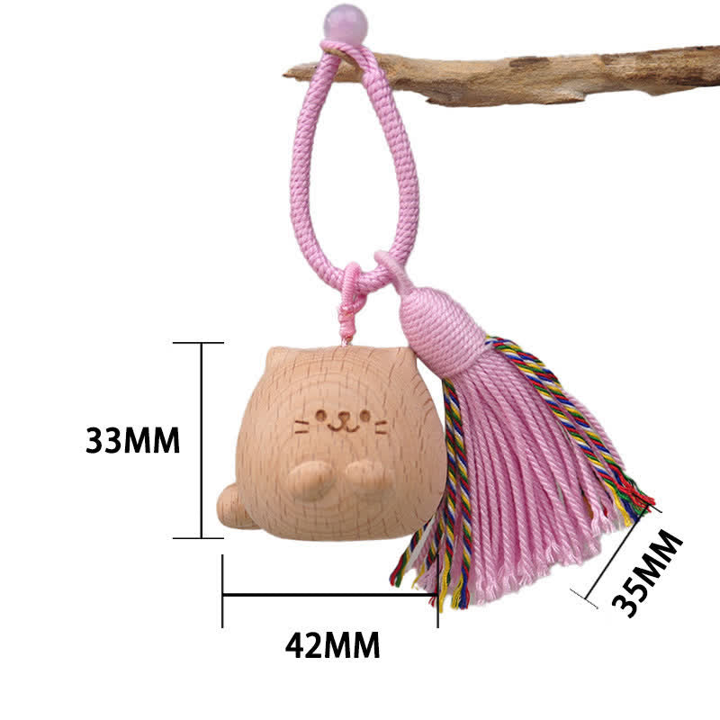 Buddha Stones Hand-Carved Light Wood Lucky Cat Tassel Grounding Keychains - Pink Chubby Cat - image 1