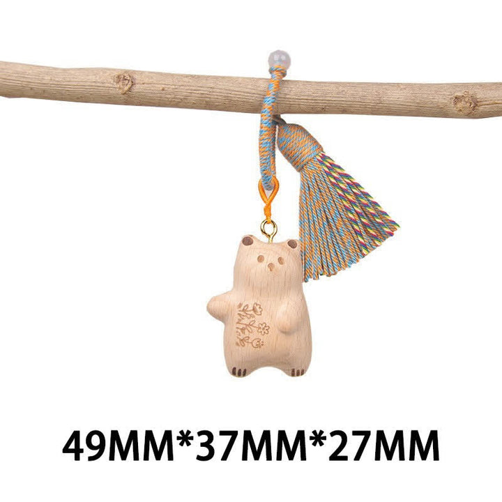 Buddha Stones Hand-Carved Light Wood Lucky Cat Tassel Grounding Keychains - Blue Left-Facing Teddy Bear - image 31