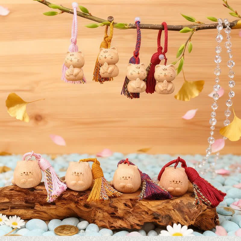 Buddha Stones Hand-Carved Light Wood Lucky Cat Tassel Grounding Keychains - image 41