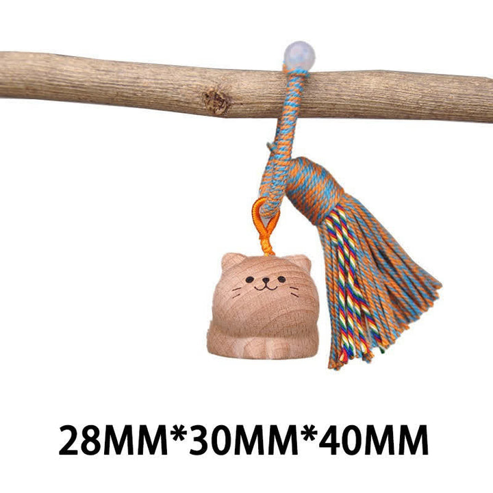 Buddha Stones Hand-Carved Light Wood Lucky Cat Tassel Grounding Keychains - Blue Lying Cat - image 20
