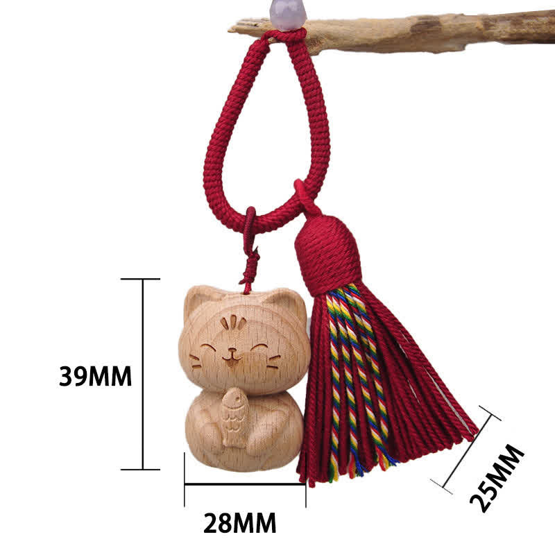 Buddha Stones Hand-Carved Light Wood Lucky Cat Tassel Grounding Keychains - Burgundy Cat Eating Fish - image 15
