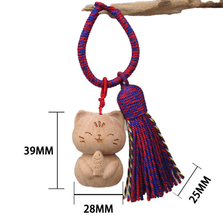 Buddha Stones Hand-Carved Light Wood Lucky Cat Tassel Grounding Keychains - Magenta Cat Eating Fish - image 16