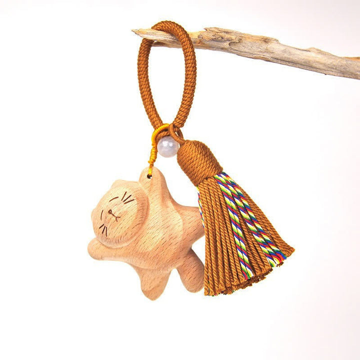 Buddha Stones Hand-Carved Light Wood Lucky Cat Tassel Grounding Keychains - Brown Reclining Cat - image 24