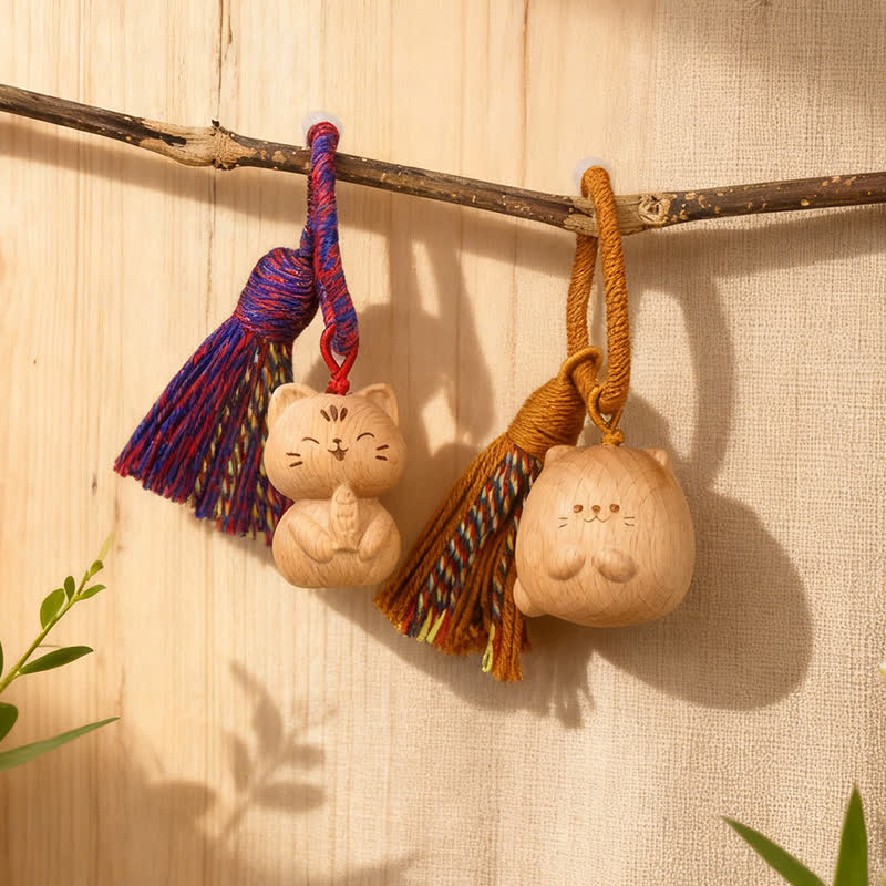 Buddha Stones Hand-Carved Light Wood Lucky Cat Tassel Grounding Keychains - image 0